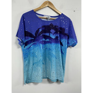 Womans Cathy Daniel’s Short Sleeve Pullover T Shirt XL Blue Tropical Stud Accent
